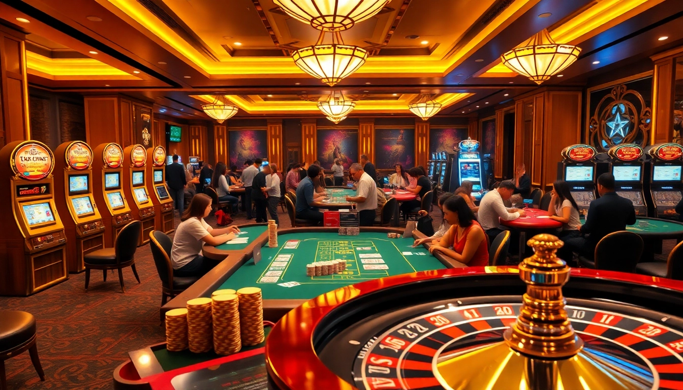 Engaging scene of gambling at Trang Chủ Debet with poker tables and vibrant players.