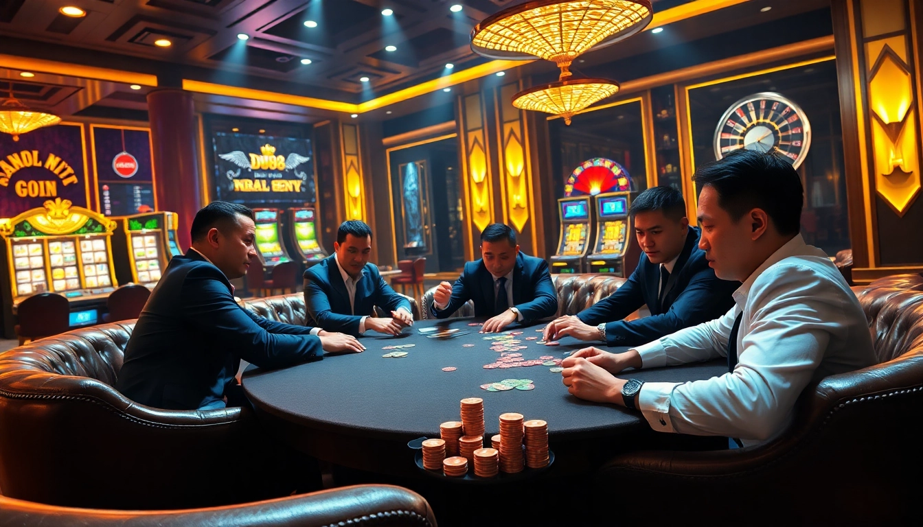 Engage with the excitement of online gaming at Nhà Cái DU88 with a stylish casino atmosphere showcasing poker and roulette.