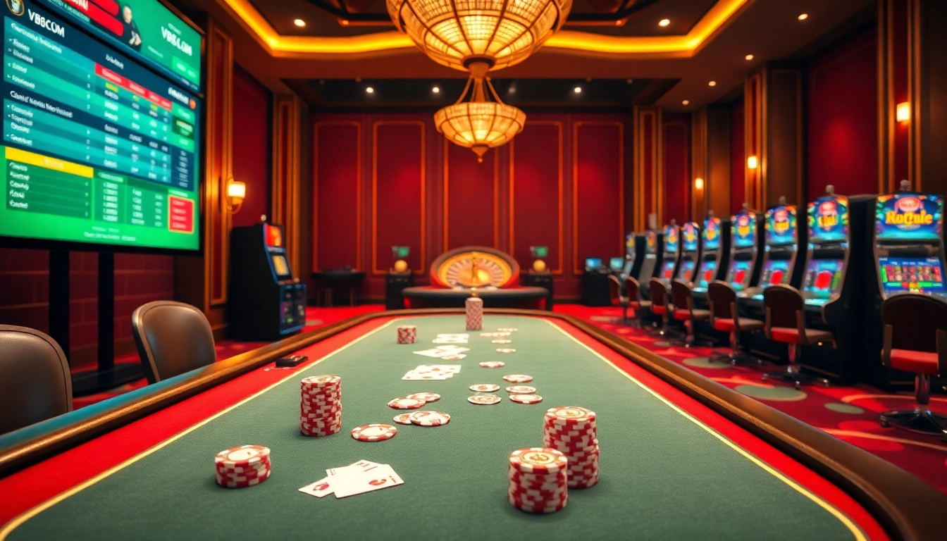 Experience winning at VB88.COM with a vibrant casino scene featuring poker tables and betting odds.