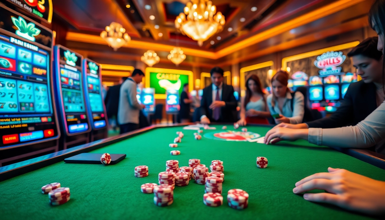 Exciting casino scene featuring nhà cái OK365 with players engaging in vibrant online gambling activities.