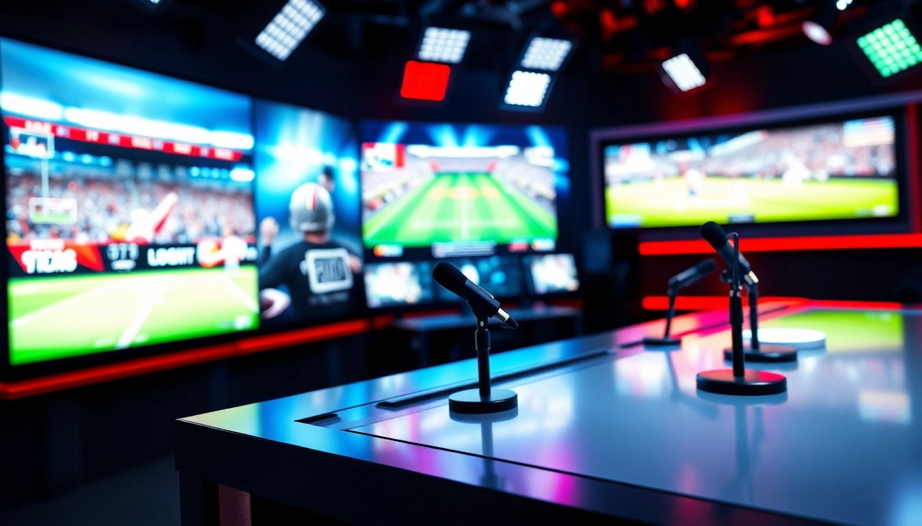 Sports Broadcasting studio showcasing live games and modern equipment in an energetic atmosphere.