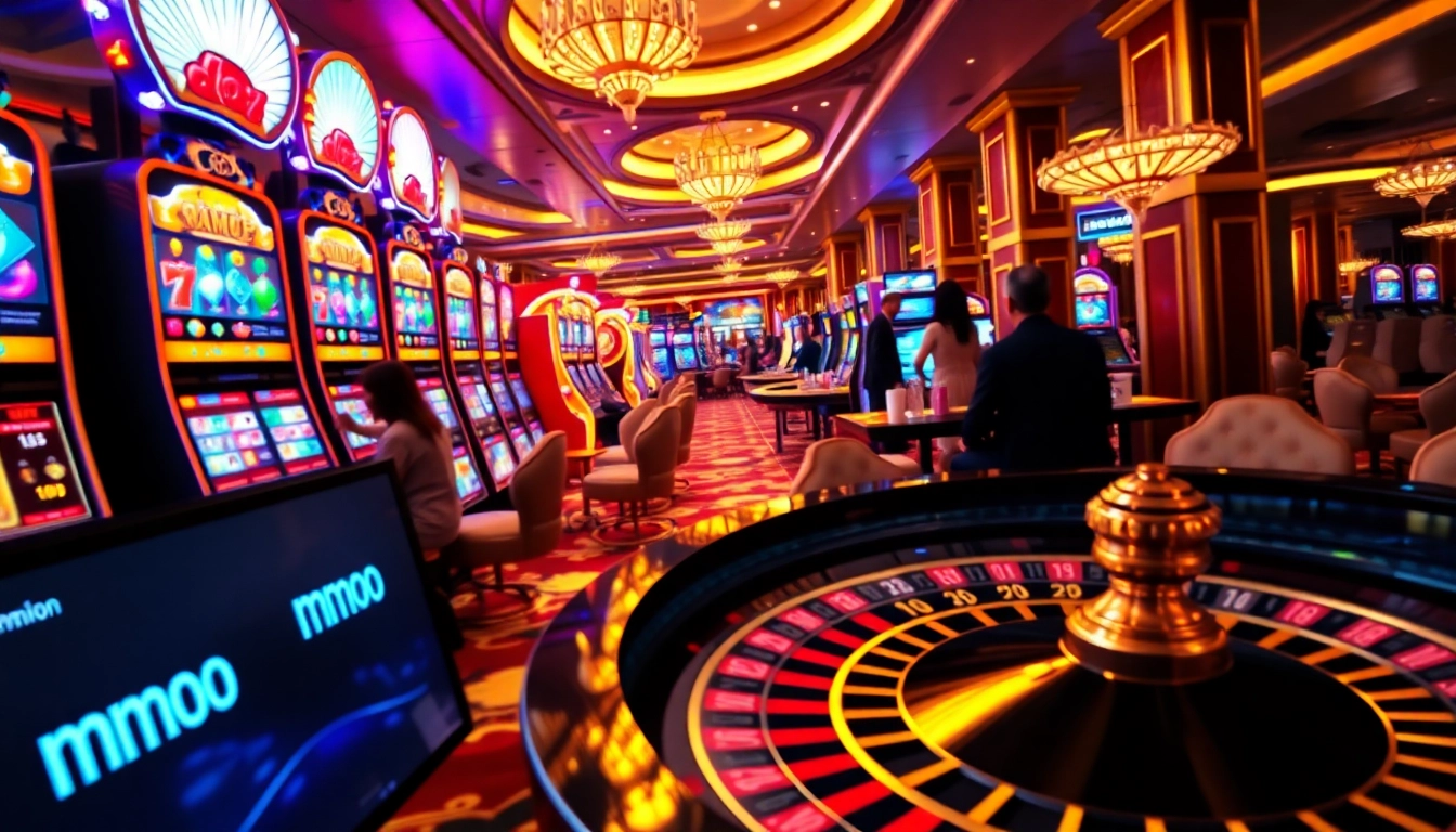 Players enjoying exciting casino games at MMOO with colorful slot machines and vibrant atmosphere.