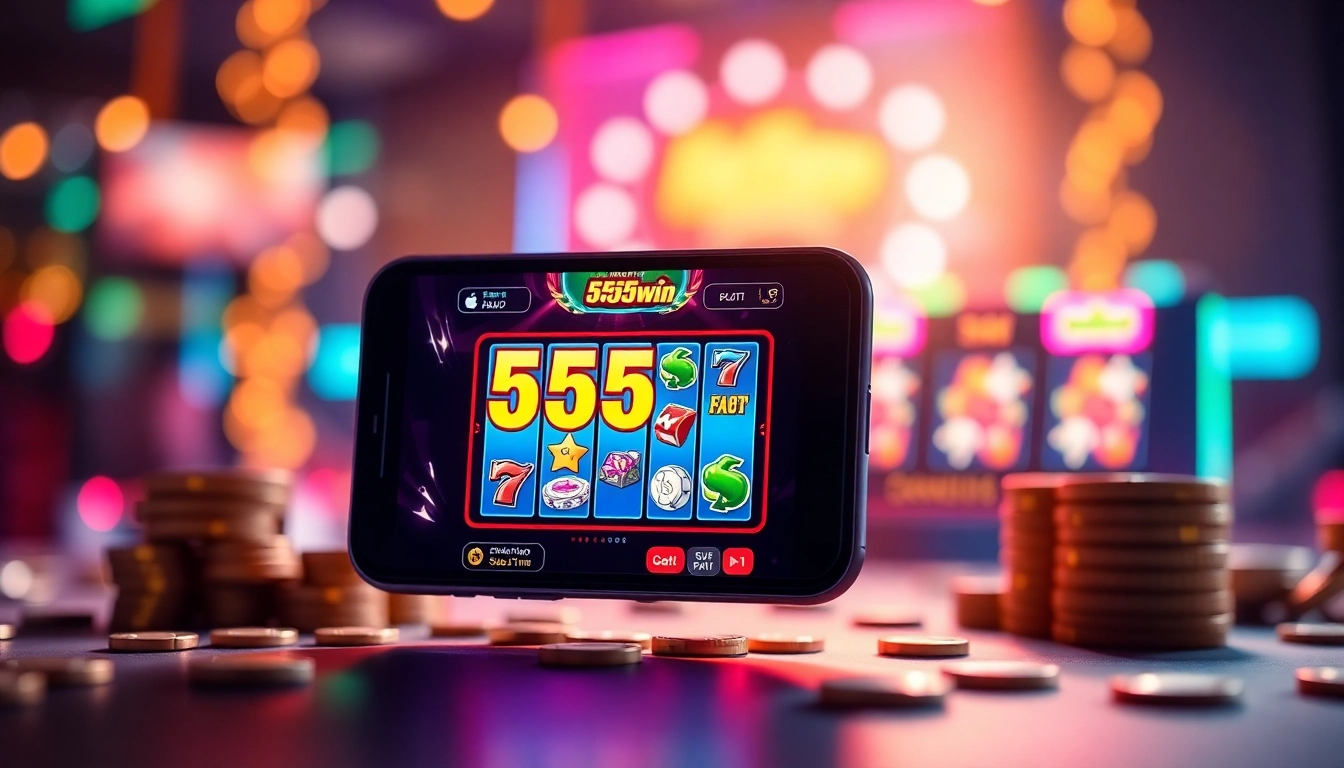 Engaging mobile phone displaying 555win app interface with colorful slot graphics