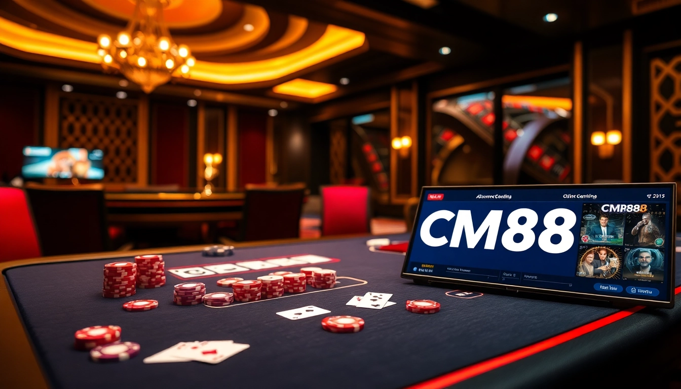 Experience thrilling real money gaming with CM88 at a luxurious casino setup featuring a poker table.