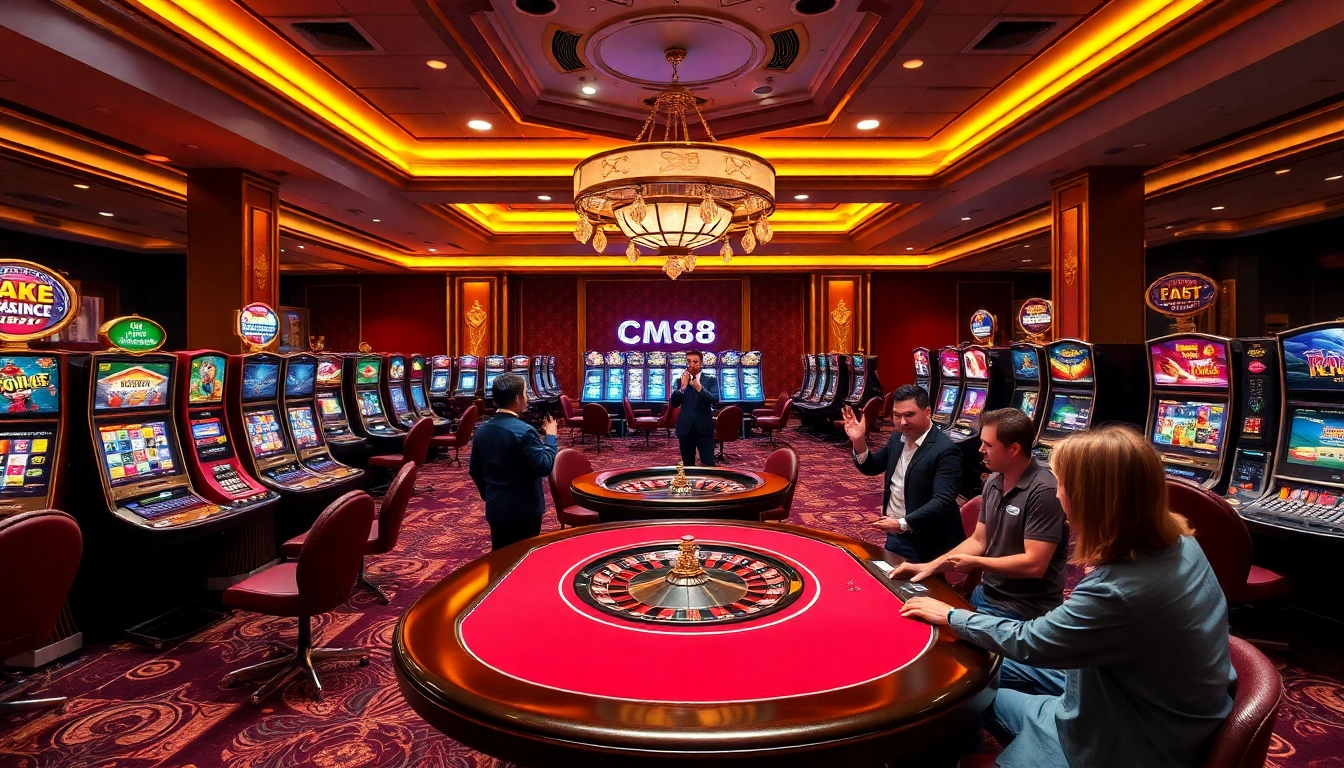 Players enjoying a thrilling game experience at CM88 casino with vibrant tables and slot machines.