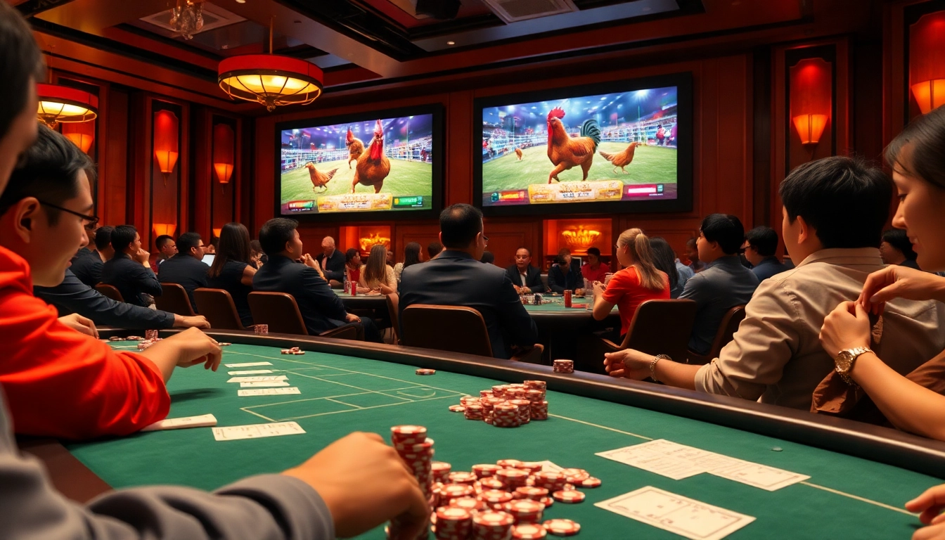 Engage in thrilling 123ga đá gà betting action amidst a vibrant gambling atmosphere.