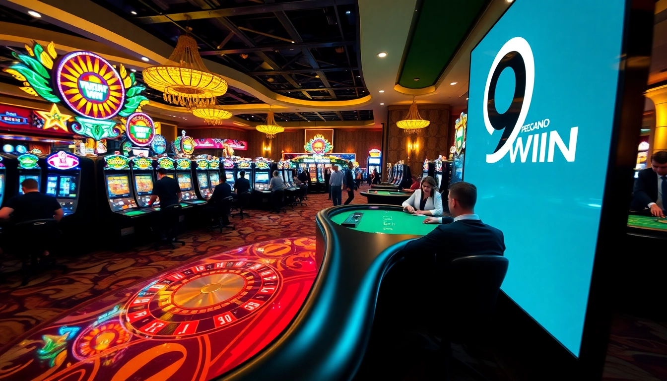 Players engaging in exciting casino games at 9WIN with vibrant slot machines and a roulette table.