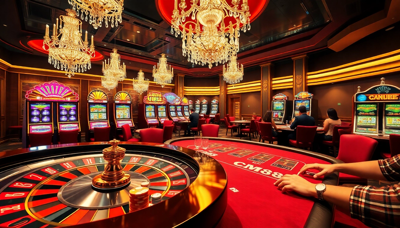 Experience the thrill of CM88 at a vibrant casino, featuring engaged players at poker tables and exciting slot machines.