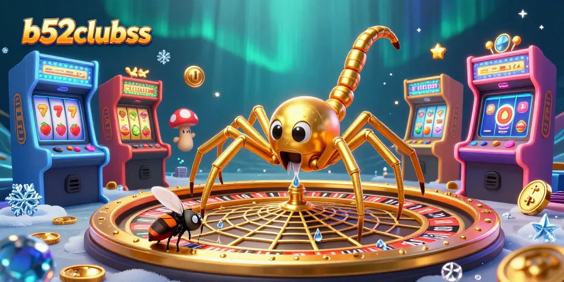 B52clubss showcases a golden spider and centipede croupier in a dynamic casino scene, symbolizing gambling excitement.