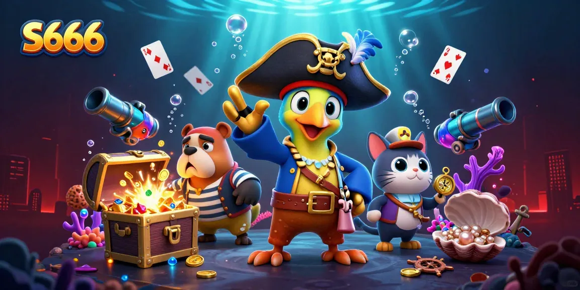 S666 powers up excitement in an underwater casino scene celebrating winning moments with vibrant characters and gold coins.