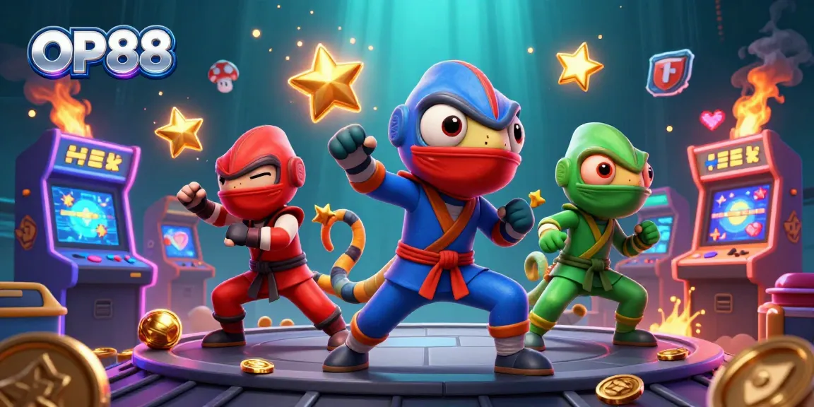 Engage with the dynamic OP88 gaming experience featuring ninja chameleons and arcade elements.