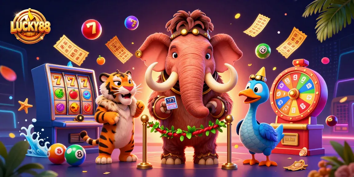 Experience the vibrant casino atmosphere at LUCKY88 with playful characters and thrilling gaming elements.