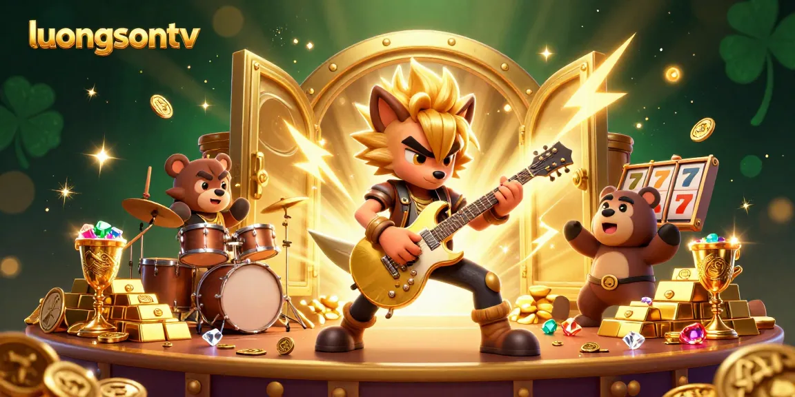 Play and win with luongsontv as the rock star wolf shreds guitar on stage, surrounded by golden treasures.